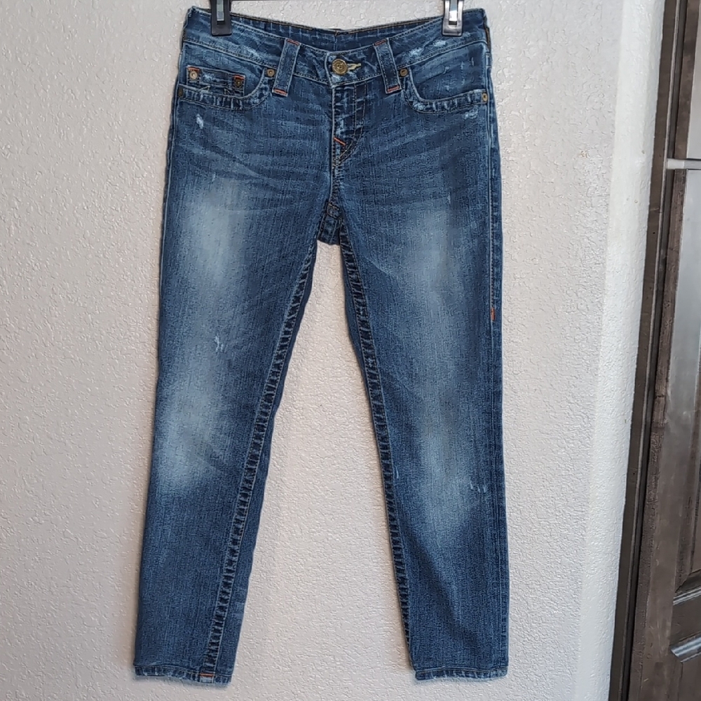 True Religion Blue Ankle Cropped Jeans with Distressed Details